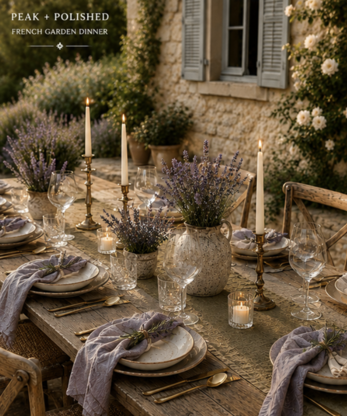 French country garden table set with lavender, stoneware, brass candlesticks and linen napkins by a stone farmhouse